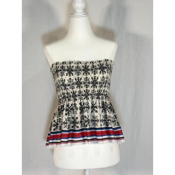 Zara Women Size L Smocked Floral Strapless Peplum Top With Striped Hem - Picture 2 of 6